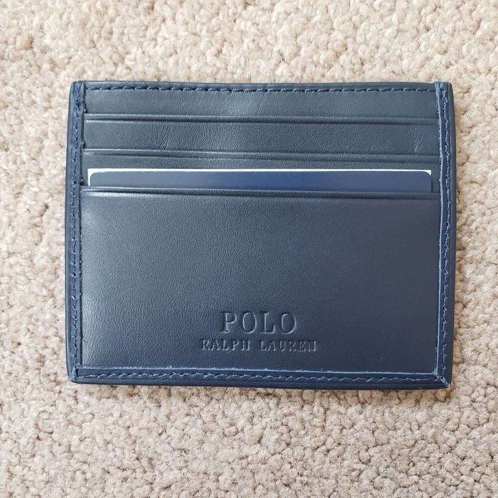 NWT Polo Ralph Lauren Golf Polo Bear Newport Navy Leather Card Case Embroidered